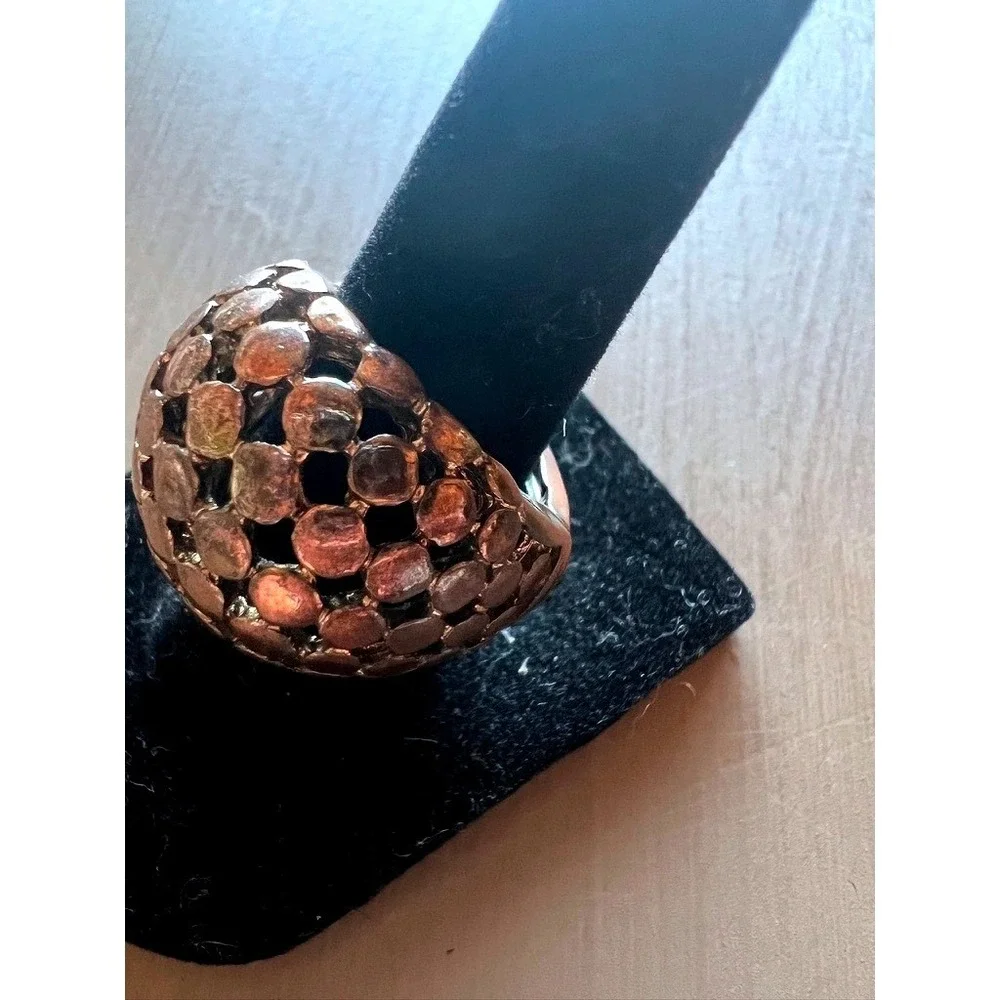 Dome Stretch Ring Copper Tone Lattice Statement Adjustable Metallic Industrial